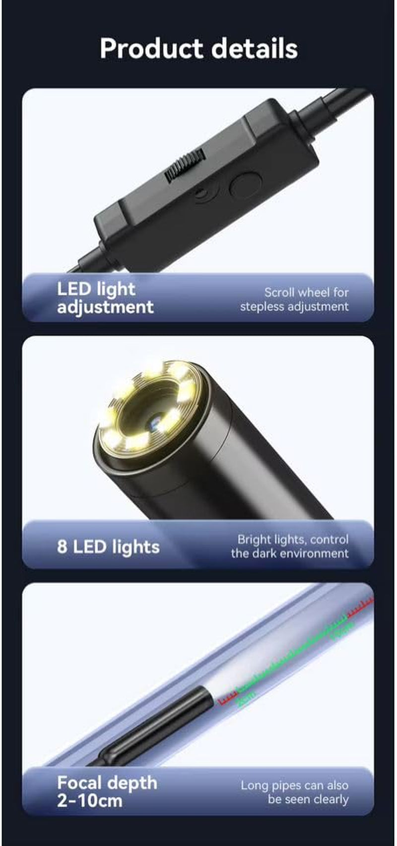 1920P HD 9.84FT Endoscope Camera with Light, Borescope with 8 Adjustable LED Lights, USB Type C, Inspection Camera with Semi-Rigid Snake Cable for Android and Ios Smartphones, Iphone, Ipad.