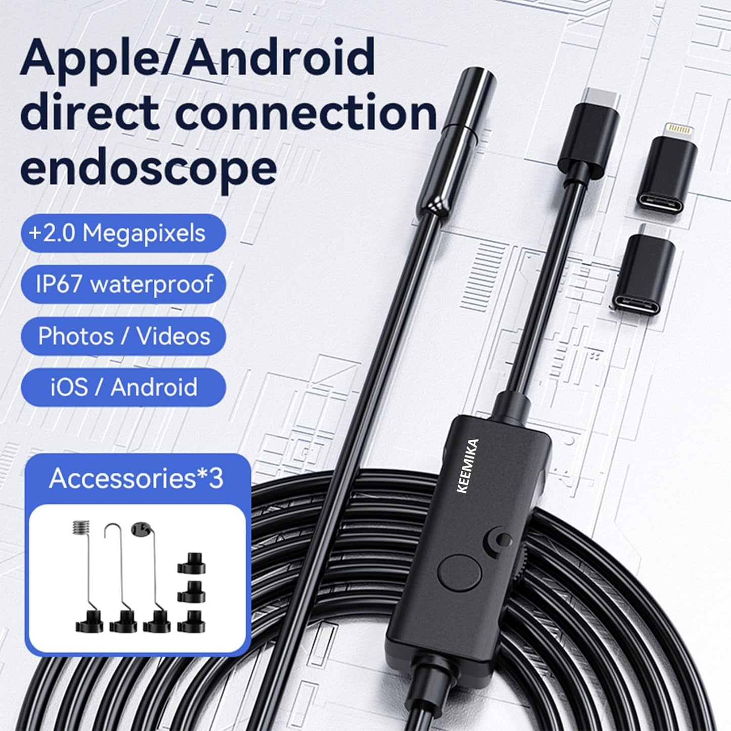 1920P HD 9.84FT Endoscope Camera with Light, Borescope with 8 Adjustable LED Lights, USB Type C, Inspection Camera with Semi-Rigid Snake Cable for Android and Ios Smartphones, Iphone, Ipad.